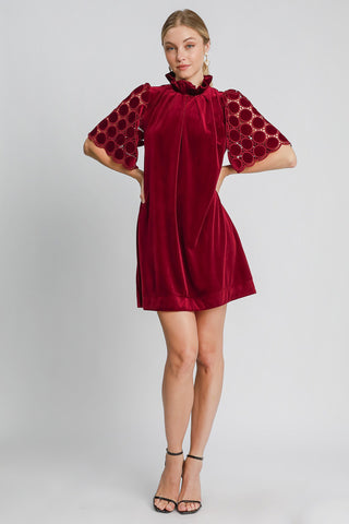 Umgee Dotted Lace Half Sleeve Mock Neck Back Tie Velvet Dress - 1985 the VAULT Boutique