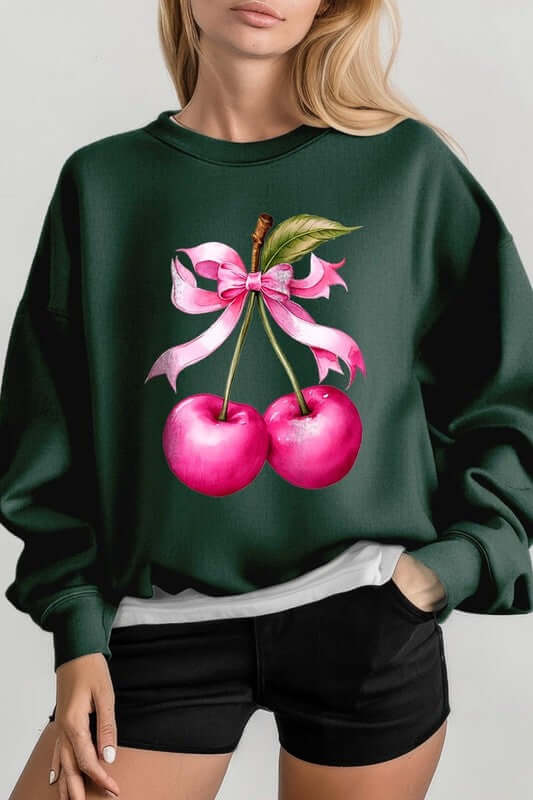 Cherry with Coquette Bow Graphic Fleece Sweatshirt - 1985 the VAULT Boutique