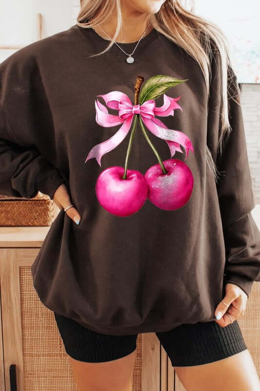 Cherry with Coquette Bow Graphic Fleece Sweatshirt - 1985 the VAULT Boutique