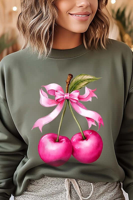 Cherry with Coquette Bow Graphic Fleece Sweatshirt - 1985 the VAULT Boutique