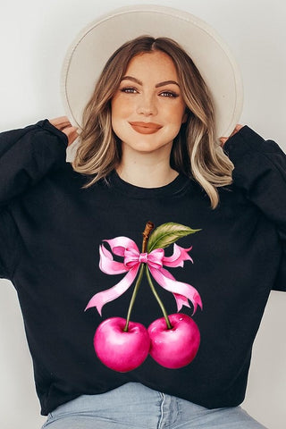 Cherry with Coquette Bow Graphic Fleece Sweatshirt