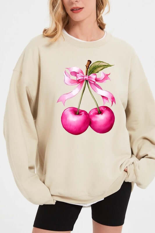 Cherry with Coquette Bow Graphic Fleece Sweatshirt - 1985 the VAULT Boutique