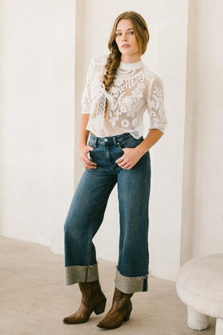 TUMMY CONTROL HIGH RISE CUFFED A WIDE LEG JEANS - 1985 the VAULT Boutique