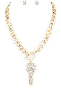 Pave Crystals Key Pendant Necklace Set - 1985 the VAULT Boutique