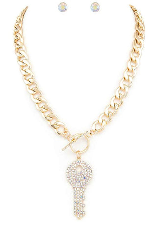 Pave Crystals Key Pendant Necklace Set - 1985 the VAULT Boutique