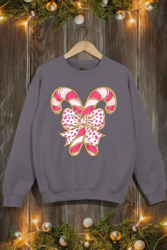 Faux Glitter Coquette CandyCane Graphic Sweatshirt - 1985 the VAULT Boutique