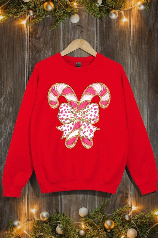 Faux Glitter Coquette CandyCane Graphic Sweatshirt - 1985 the VAULT Boutique