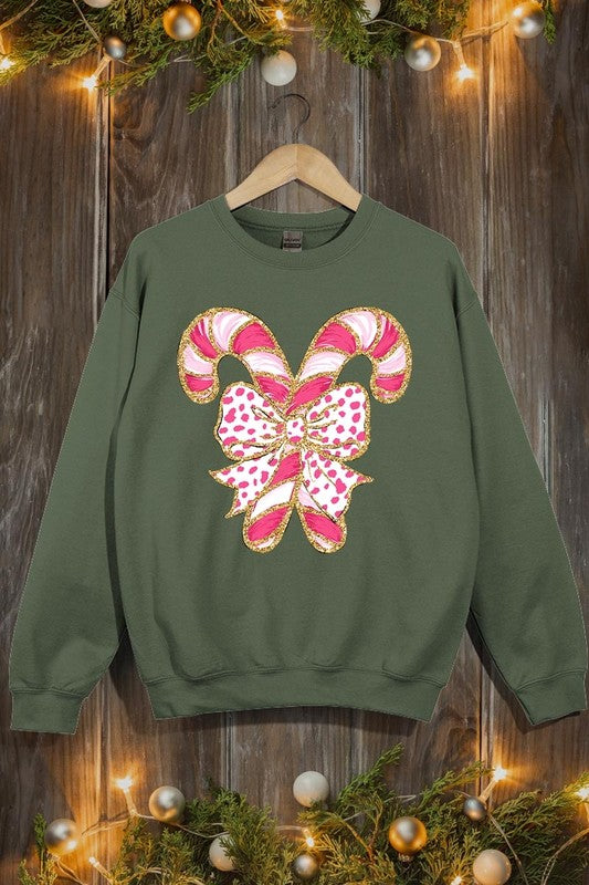 Faux Glitter Coquette CandyCane Graphic Sweatshirt - 1985 the VAULT Boutique