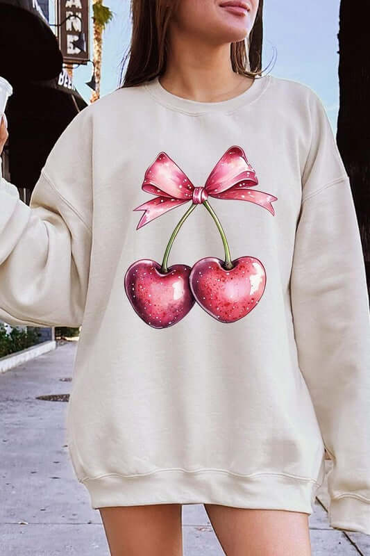 Heart Cherries With Bow Graphic Fleece Sweatshirt - 1985 the VAULT Boutique