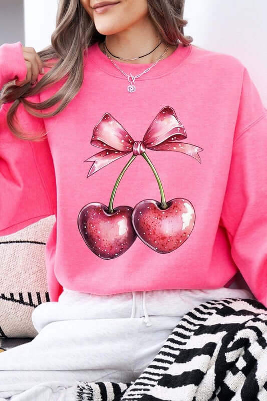 Heart Cherries With Bow Graphic Fleece Sweatshirt - 1985 the VAULT Boutique