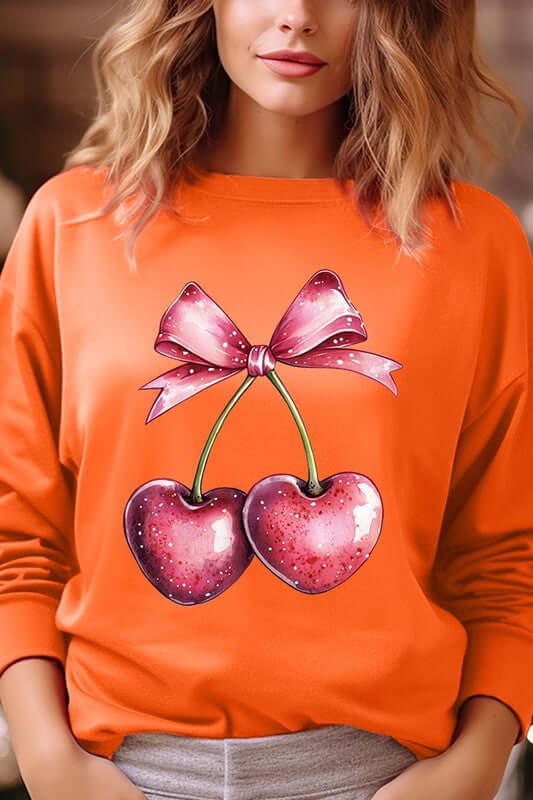 Heart Cherries With Bow Graphic Fleece Sweatshirt - 1985 the VAULT Boutique