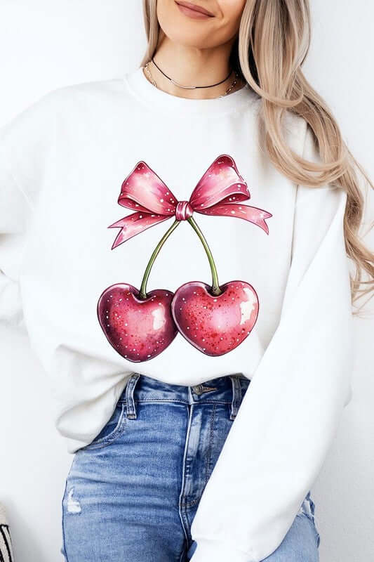 Heart Cherries With Bow Graphic Fleece Sweatshirt - 1985 the VAULT Boutique