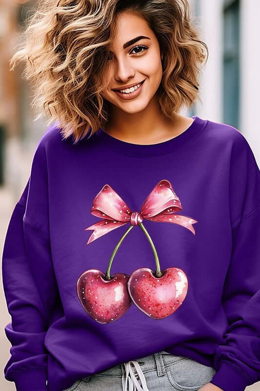 Heart Cherries With Bow Graphic Fleece Sweatshirt - 1985 the VAULT Boutique