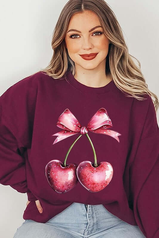 Heart Cherries With Bow Graphic Fleece Sweatshirt - 1985 the VAULT Boutique