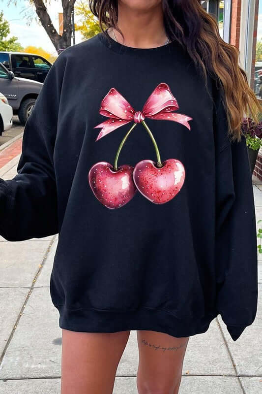 Heart Cherries With Bow Graphic Fleece Sweatshirt - 1985 the VAULT Boutique