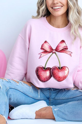 Heart Cherries With Bow Graphic Fleece Sweatshirt - 1985 the VAULT Boutique