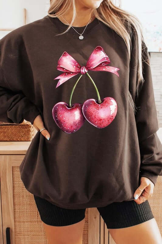 Heart Cherries With Bow Graphic Fleece Sweatshirt - 1985 the VAULT Boutique