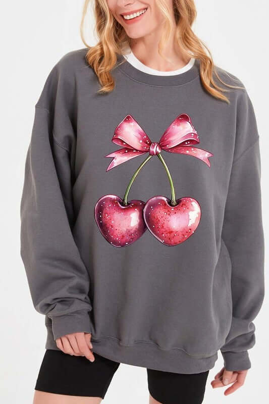 Heart Cherries With Bow Graphic Fleece Sweatshirt - 1985 the VAULT Boutique