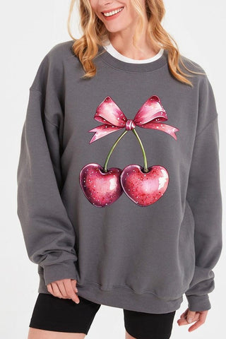 Heart Cherries With Bow Graphic Fleece Sweatshirt