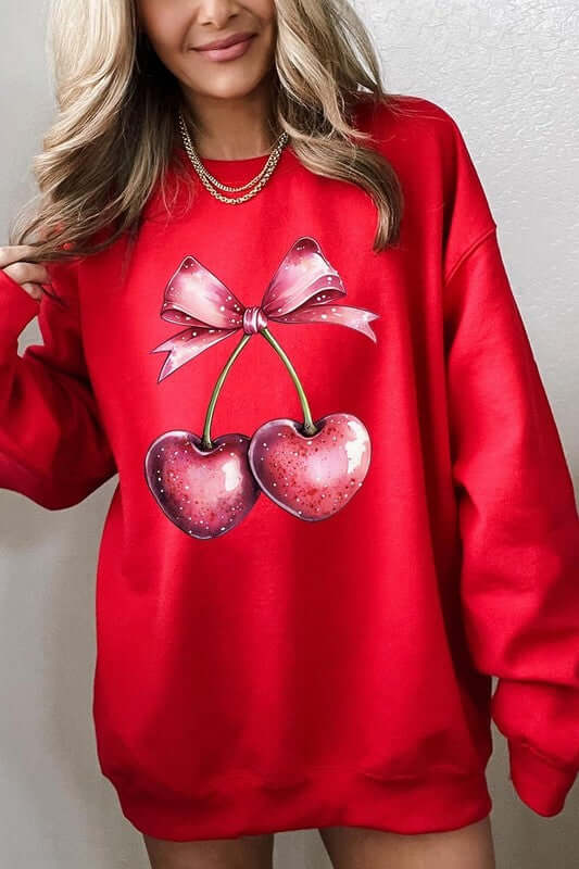 Heart Cherries With Bow Graphic Fleece Sweatshirt - 1985 the VAULT Boutique