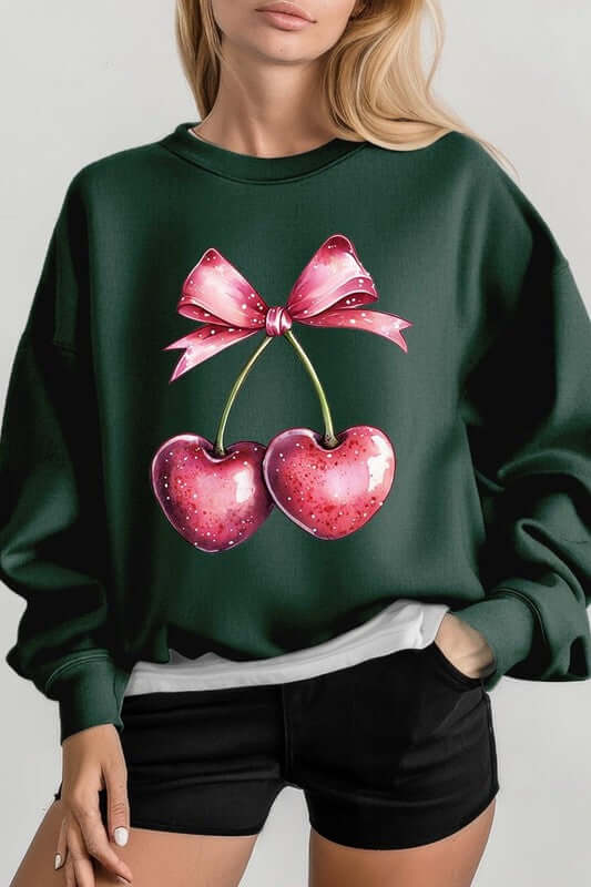 Heart Cherries With Bow Graphic Fleece Sweatshirt - 1985 the VAULT Boutique