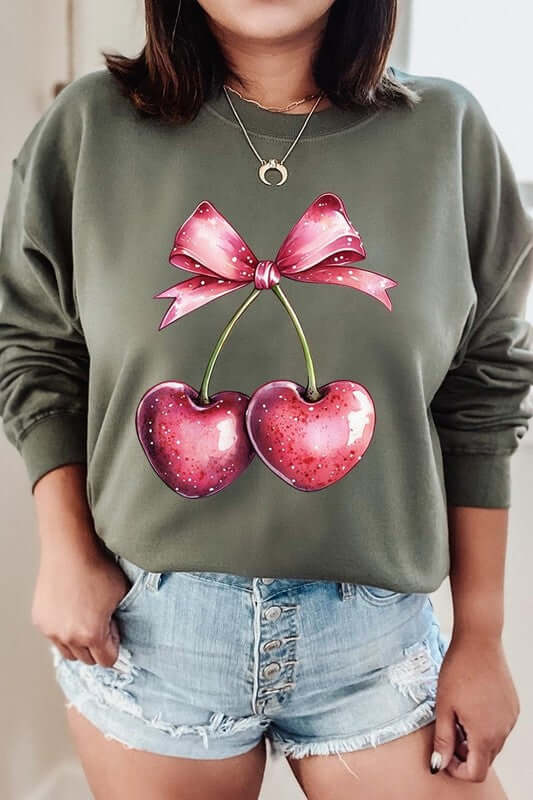 Heart Cherries With Bow Graphic Fleece Sweatshirt - 1985 the VAULT Boutique