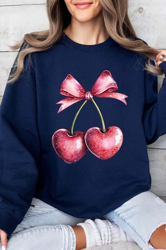 Heart Cherries With Bow Graphic Fleece Sweatshirt - 1985 the VAULT Boutique