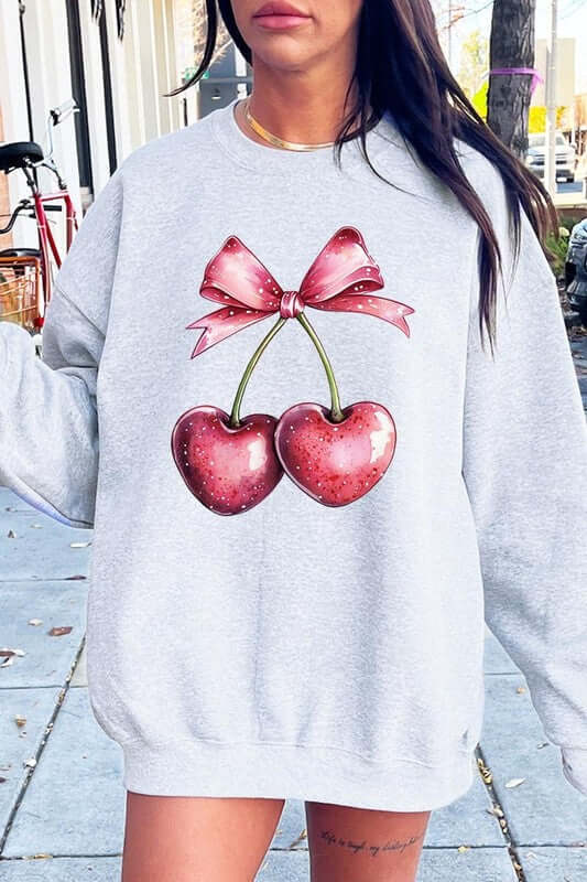 Heart Cherries With Bow Graphic Fleece Sweatshirt - 1985 the VAULT Boutique
