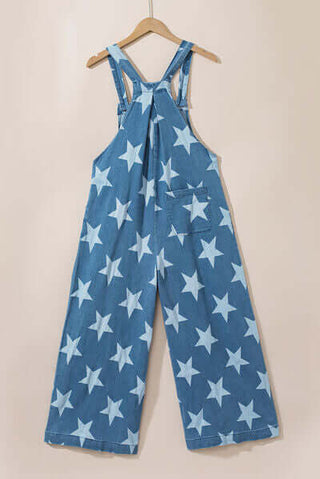 Star Print Buttoned Strap Wide Leg Denim Overalls - 1985 the VAULT Boutique