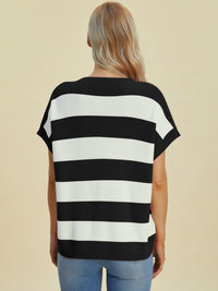 Double Take Full Size Striped V-Neck Short Sleeve Sweater - 1985 the VAULT Boutique