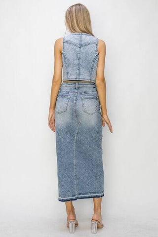 RISEN Button Down Crop Denim Vest - 1985 the VAULT Boutique