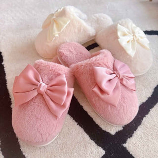 Satin Shine Bow Fur Cozy Lounge Slippers - 1985 the VAULT Boutique