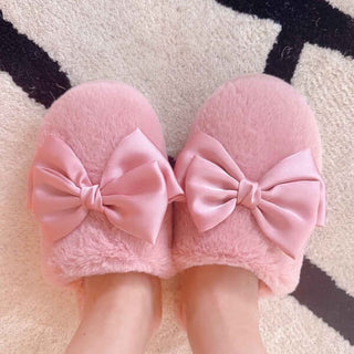 Satin Shine Bow Fur Cozy Lounge Slippers - 1985 the VAULT Boutique