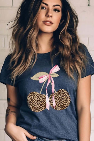 Leopard Cherry Bow Graphic Tee - 1985 the VAULT Boutique