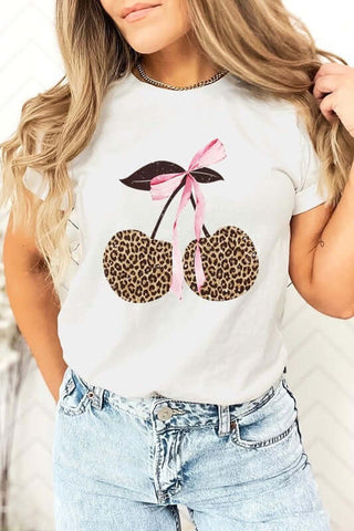 Leopard Cherry Bow Graphic Tee - 1985 the VAULT Boutique