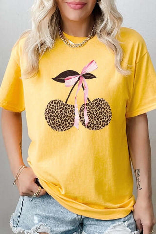 Leopard Cherry Bow Graphic Heavy Cotton Tee - 1985 the VAULT Boutique