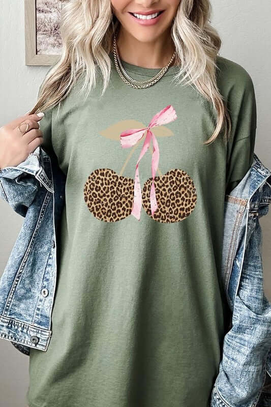Leopard Cherry Bow Graphic Heavy Cotton Tee - 1985 the VAULT Boutique