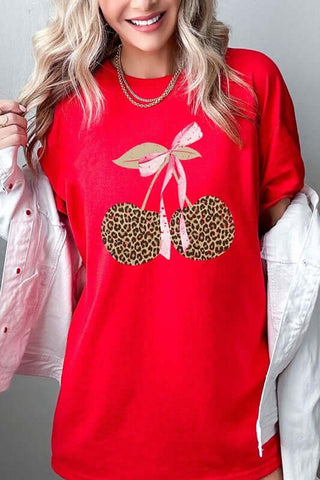 Leopard Cherry Bow Graphic Heavy Cotton Tee - 1985 the VAULT Boutique