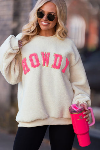 HOWDY Patched Round Neck Sherpa Sweatshirt - 1985 the VAULT Boutique