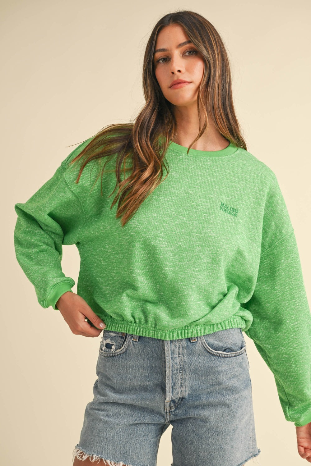 Mable Round Neck Letter Embroidery Crop Sweatshirt - 1985 THE VAULT