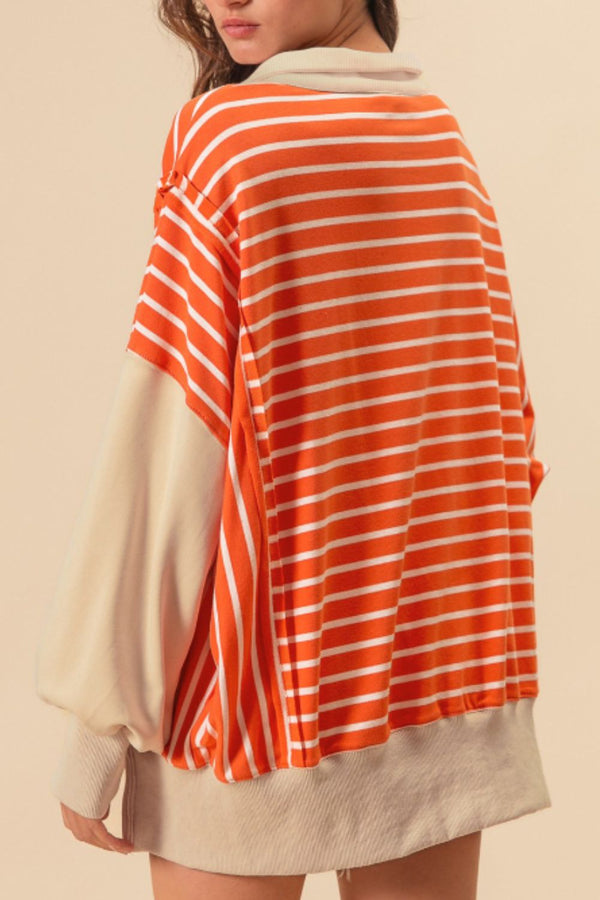 Striped Johnny Collar Long Sleeve Sweatshirt - 1985 the VAULT Boutique