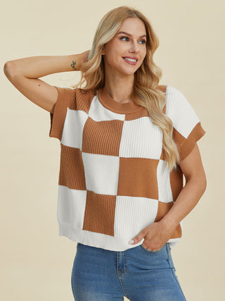 Double Take Full Size Checkered Round Neck Short Sleeve Sweater - 1985 the VAULT Boutique