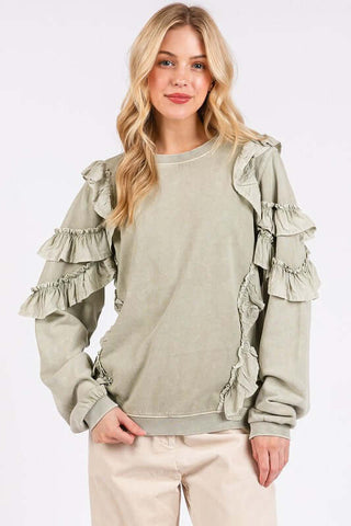 Mittoshop Ruffled Mineral Washed Round Neck Long Sleeve Sweatshirt - 1985 the VAULT Boutique