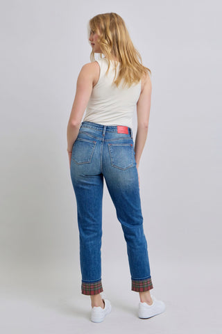 Judy Blue Full Size Plaid Print Cuff Straight Leg Jeans with Pockets - 1985 the VAULT Boutique