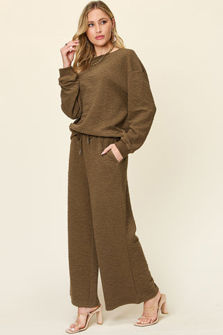 Double Take Full Size Texture Long Sleeve Top and Pants Set - 1985 the VAULT Boutique