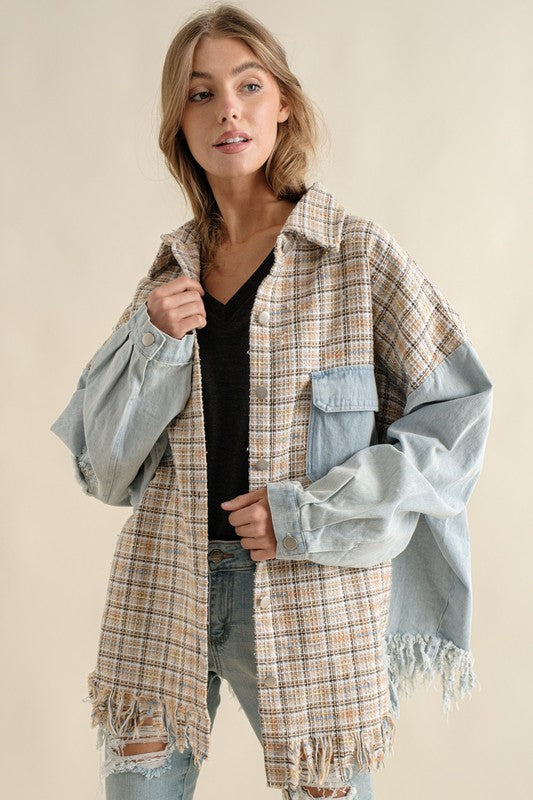 TWEED MIXED DENIM JACKET SHACKET WITH FRINGED HEM - 1985 the VAULT Boutique