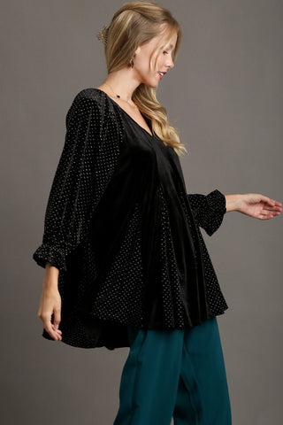 Umgee Godet Hem Polka Dot V-Neck Blouse - 1985 the VAULT Boutique