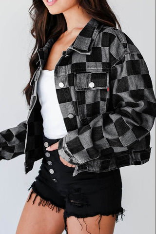 Checkered Button Up Denim Jacket - 1985 the VAULT Boutique