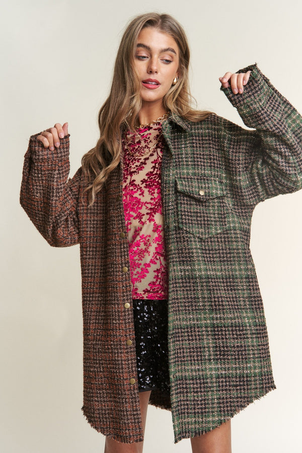 J.NNA Snap Down Tweed Plaid Contrast  Longline Shacket - 1985 the VAULT Boutique