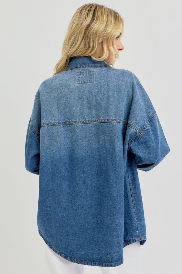 RISEN Full Size Snap Down Long Sleeve Denim Shacket - 1985 the VAULT Boutique